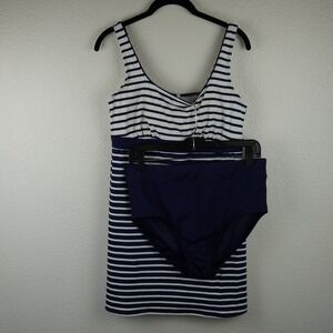 Lands‎ End Swim Dress and High Waist Bottoms Set Striped Nautical Size 10 12